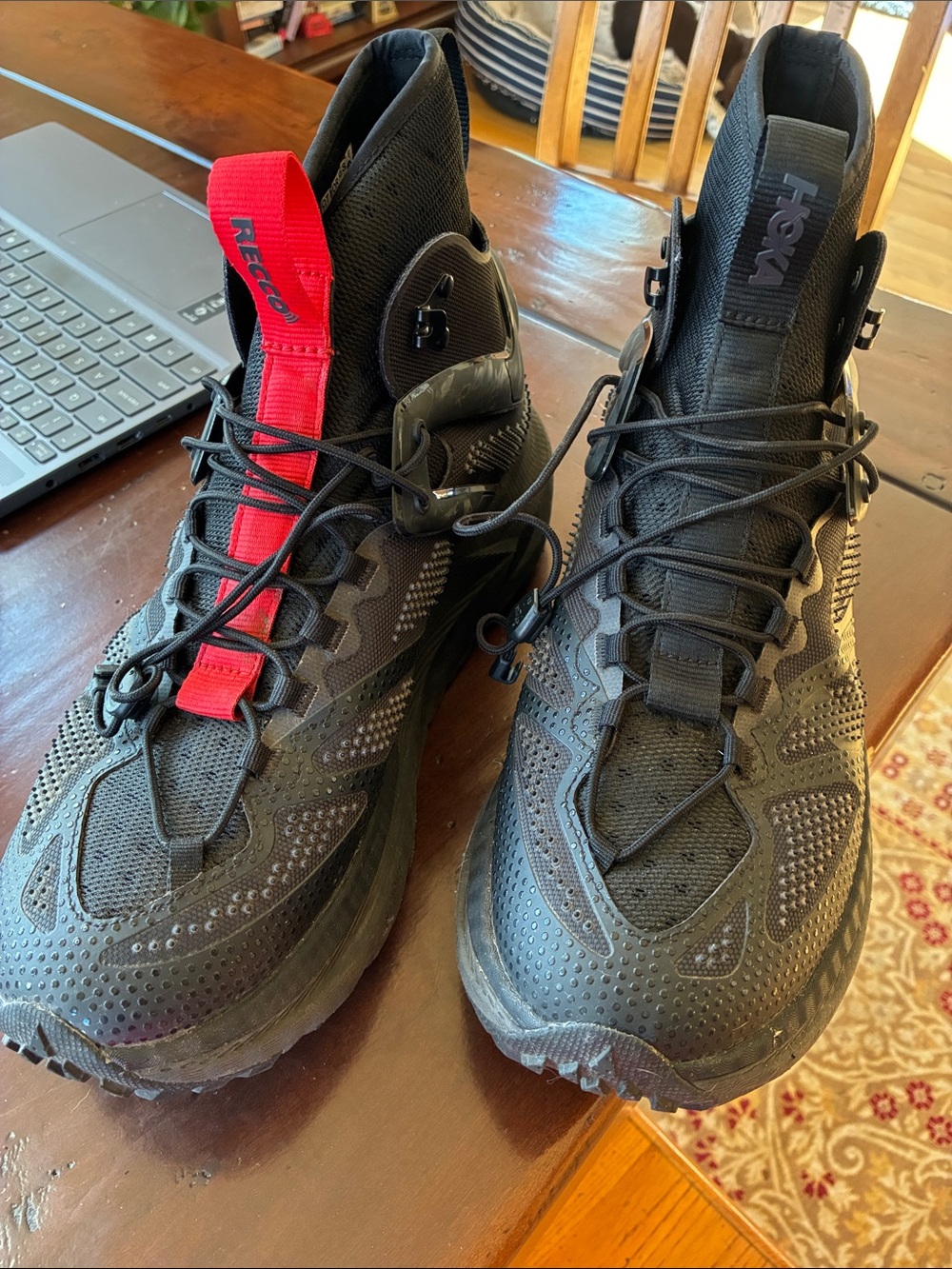 Hoka Men's Black Athletic Trail Sneakers with Red Pull Tab